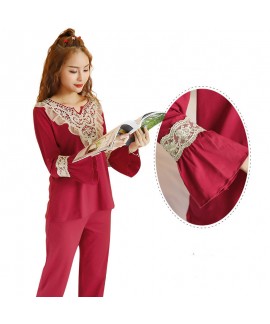 Cotton Red Long Sleeve Ladies Homewear Set For Spring And Autumn