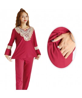 Cotton Red Long Sleeve Ladies Homewear Set For Spring And Autumn