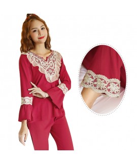 Cotton Red Long Sleeve Ladies Homewear Set For Spring And Autumn