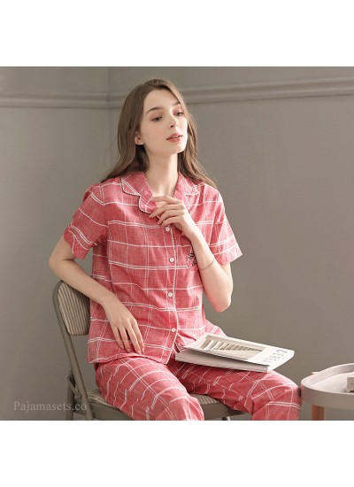 New Cotton Cardigan Woven Casual Loose Sweet Ladies Pajamas Set For Summer