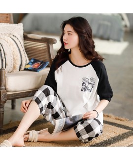 New Style Cotton Short-sleeved Cropped Trousers Cute Thin Ladies Pajamas Suit For Summer