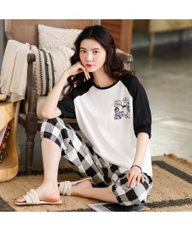 New Style Cotton Short-sleeved Cropped Trousers Cute Thin Ladies Pajamas Suit For Summer