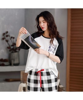 New Style Cotton Short-sleeved Cropped Trousers Cute Thin Ladies Pajamas Suit For Summer