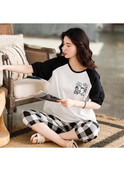 New Style Cotton Short-sleeved Cropped Trousers Cute Thin Ladies Pajamas Suit For Summer