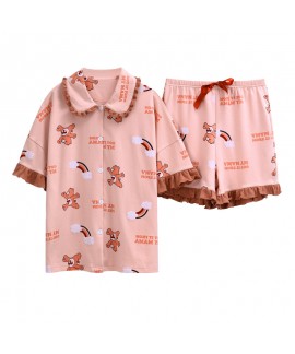 Cute Thin Short Sleeve Shorts Cotton Ladies Pajama Set For Summer