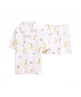 Thin Cotton Short Sleeve Shorts Two Piece Set Ladies Shirt Pajamas For Summer