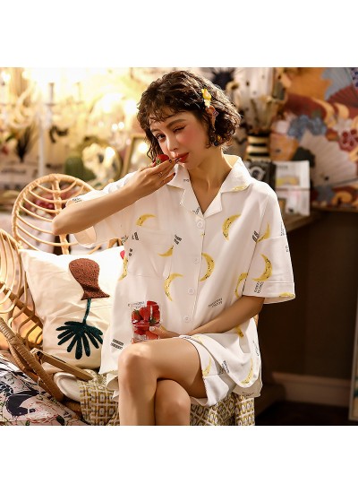 Thin Cotton Short Sleeve Shorts Two Piece Set Ladies Shirt Pajamas For Summer