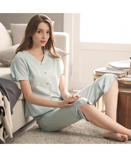 New Plus Size Cotton Ahort-sleeved Trousers Solid Color Ladies Pajamas Suit For Summer