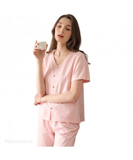 New Plus Size Cotton Ahort-sleeved Trousers Solid Color Ladies Pajamas Suit For Summer