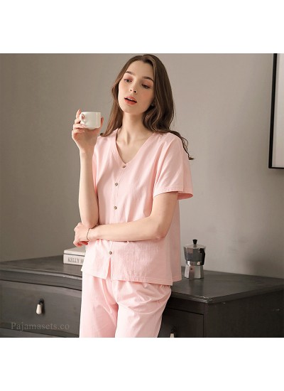 New Plus Size Cotton Ahort-sleeved Trousers Solid Color Ladies Pajamas Suit For Summer