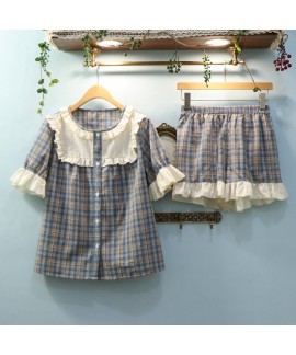 Plaid Short-sleeved Cotton Ladies Pajamas Suit For...