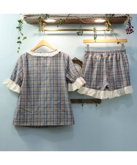 Plaid Short-sleeved Cotton Ladies Pajamas Suit For Summer