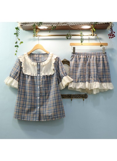 Plaid Short-sleeved Cotton Ladies Pajamas Suit For Summer