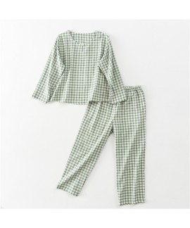 Cotton Long Sleeve Thin Hedging Plaid Loose Ladies Pajamas Set