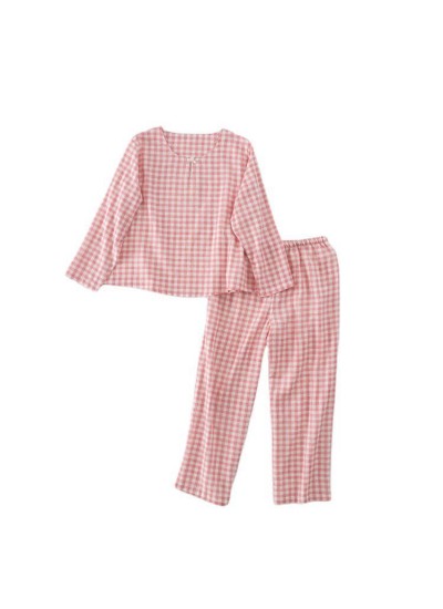 Cotton Long Sleeve Thin Hedging Plaid Loose Ladies Pajamas Set