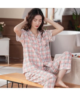 Classic Cotton Plaid Short Sleeve Pants Cardigan Ladies Pajamas Set For Summer