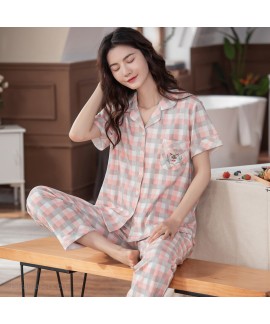 Classic Cotton Plaid Short Sleeve Pants Cardigan Ladies Pajamas Set For Summer