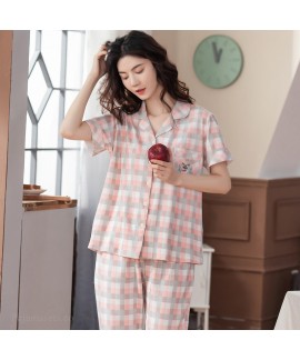 Classic Cotton Plaid Short Sleeve Pants Cardigan Ladies Pajamas Set For Summer