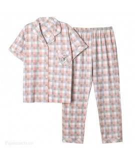 Classic Cotton Plaid Short Sleeve Pants Cardigan Ladies Pajamas Set For Summer