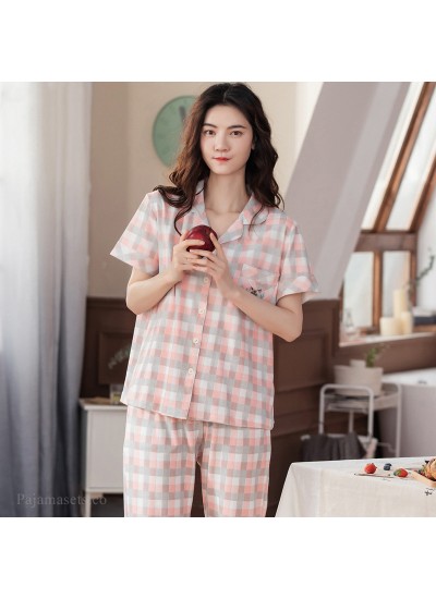 Classic Cotton Plaid Short Sleeve Pants Cardigan Ladies Pajamas Set For Summer