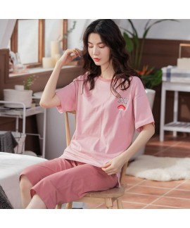 Oversize Loose Cotton Short-sleeved Casual Hedging Solid Color Ladies Pajamas Suit For Summer