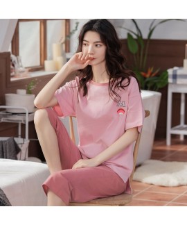 Oversize Loose Cotton Short-sleeved Casual Hedging Solid Color Ladies Pajamas Suit For Summer