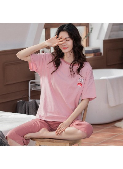 Oversize Loose Cotton Short-sleeved Casual Hedging Solid Color Ladies Pajamas Suit For Summer