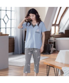 Oversize Loose Cotton Short-sleeved Casual Five-point Pants Ladies Pajamas Suit For Summer