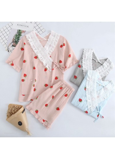 New Cotton Crepe Kimono Short-sleeved Shorts Ladie's Pajama Set