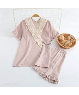 Cotton Kimono Pure Color Double Layer Gauze Short-sleeved Shorts Ladies Pajamas Set For Summer