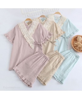 Cotton Kimono Pure Color Double Layer Gauze Short-...