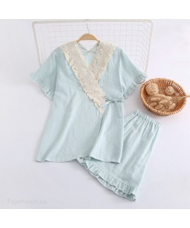 Cotton Kimono Pure Color Double Layer Gauze Short-sleeved Shorts Ladies Pajamas Set For Summer