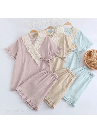 Cotton Kimono Pure Color Double Layer Gauze Short-sleeved Shorts Ladies Pajamas Set For Summer