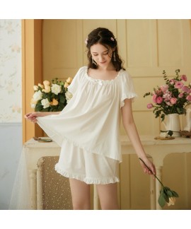 Pure White Cotton Plus Size Loose Short Sleeve Shorts Ladies Pajamas Suit For Summer