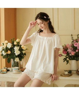 Pure White Cotton Plus Size Loose Short Sleeve Shorts Ladies Pajamas Suit For Summer