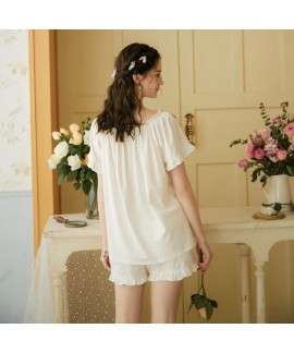 Pure White Cotton Plus Size Loose Short Sleeve Shorts Ladies Pajamas Suit For Summer
