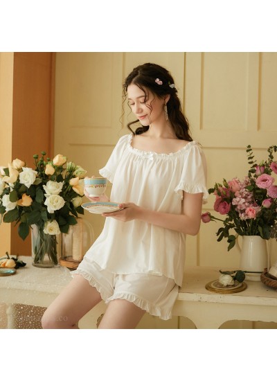 Pure White Cotton Plus Size Loose Short Sleeve Shorts Ladies Pajamas Suit For Summer