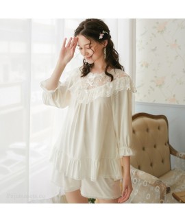 White Oversized Cotton Loose Middle Sleeve Shorts Ladies Pajamas Set For Summer