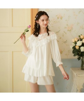 White Oversized Cotton Loose Middle Sleeve Shorts Ladies Pajamas Set For Summer