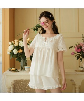 White Embroidered Oversized Loose Short Sleeve Shorts Ladies Pajamas Set For Summer