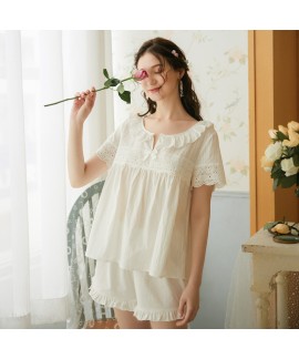 White Embroidered Oversized Loose Short Sleeve Shorts Ladies Pajamas Set For Summer