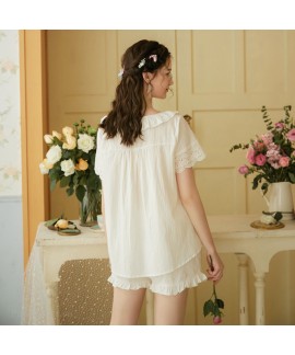 White Embroidered Oversized Loose Short Sleeve Shorts Ladies Pajamas Set For Summer