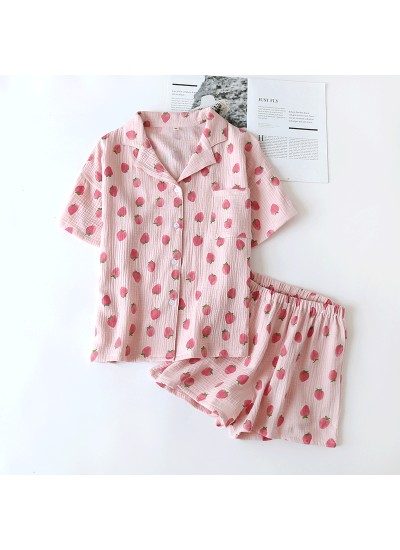 Cotton Crepe Short-sleeved Shorts Ladie's Pajamas Set For Summer