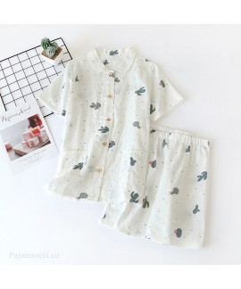 Cotton Double Gauze Cactus Short-sleeved Shorts La...