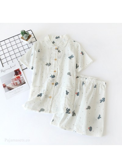 Cotton Double Gauze Cactus Short-sleeved Shorts Ladies Thin Pajamas Suit For Summer