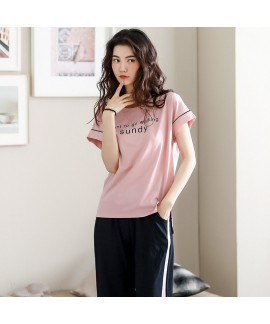 Pure Cotton Short-sleeved Trousers Simple And Loose Casual Round Neck Large Size Ladies Pajamas Suit For Summer