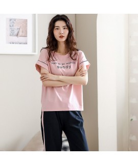 Pure Cotton Short-sleeved Trousers Simple And Loose Casual Round Neck Large Size Ladies Pajamas Suit For Summer