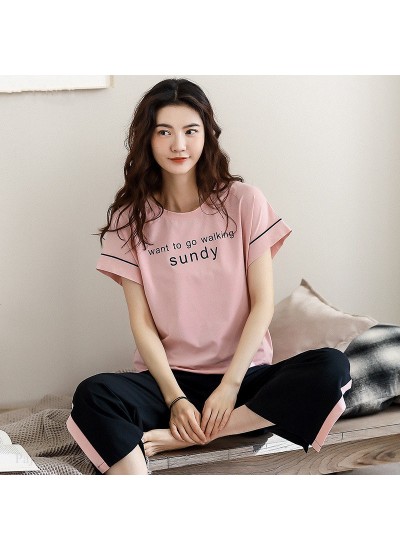 Pure Cotton Short-sleeved Trousers Simple And Loose Casual Round Neck Large Size Ladies Pajamas Suit For Summer
