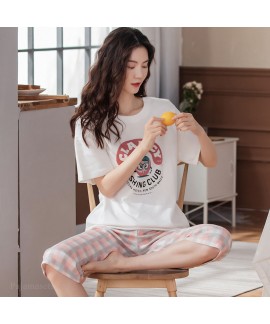 Oversize Casual Loose Cotton Short Sleeve Five-point Pants Sports Style Ladies Pajamas Suit For Summer