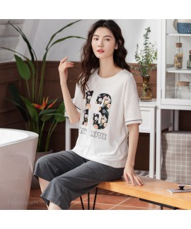 Oversize Casual Loose Cotton Short Sleeve Five-point Pants Sports Style Ladies Pajamas Suit For Summer